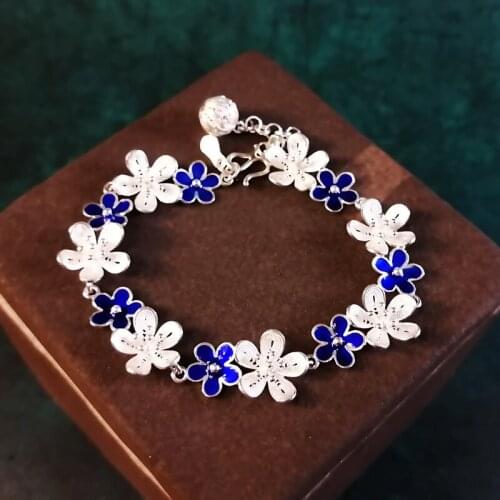 Bastiee 999 Sterling Silver Bracelet For Women Cloisonne Enamel Jewelry Flowers Hand Chain Hmong Handmade Ethnic Bangle