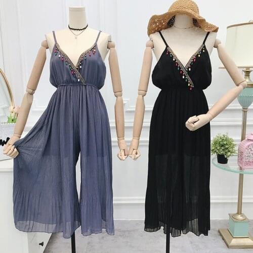 New Summer Slim V-Neck Loose Chiffon Jumpsuits Women Vintage Beading Wide Leg Pants Slim High Waist Party Ladies Jumpsuit Mw307
