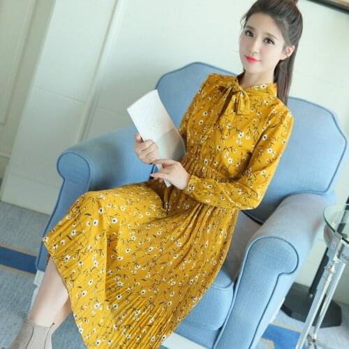 Women Casual Autumn Dress Lady Korean Style Vintage Floral Printed Chiffon Shirt Dress Long Sleeve Dress