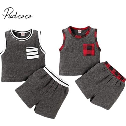 Infant Kids Boy’s Vest 2Pcs Suit Fresh Stripe Plaid Pattern Sleeveless Top and Elastic Waist Short Pants