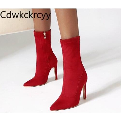 Winter The New fashion Pointed Fine heel elastic force Womens boots red Suede Sexy Plus velvet Keep warm High heel Women boots