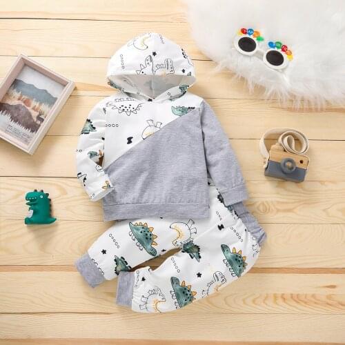 18M-5Y Toddler Boys Clothes Set Dinosaur Cartoon Long Sleeve Hooded Pullover + Elastic Waist Trousers 2Pcs Autumn Outfits