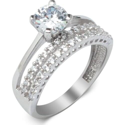 925 Sterling Silver Solitaire Ring with 2 Line Half Round Zircon Stone