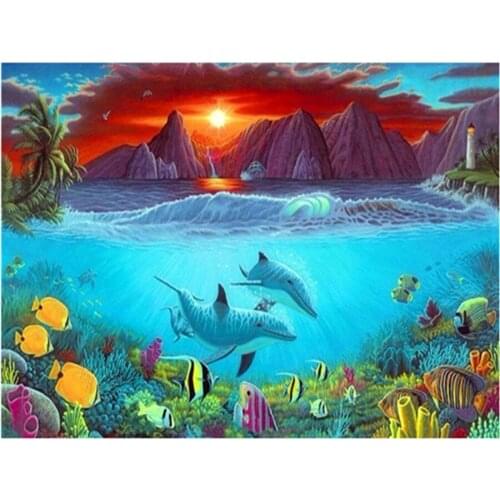 DIY Diamond Painting Cross Stitch Ocean Dolphins Diamond Embroidery Full Square Diamond Mosaic Rhinestones Home Decor JS1586