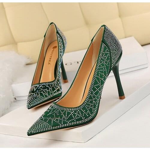 BIGTREE High Heels 9.5cm Green Pumps High Heels Wedding Shoes Diamonds Silk Pumps Bridal Shoes Estiletos Mujer Women Pumps