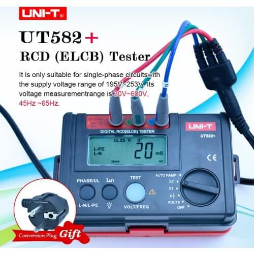 UNI-T UT582+ Digital RCD (ELCB) Tester; Leakage Switch Tester / AUTO RAMP Test / Voltage and Frequency Test