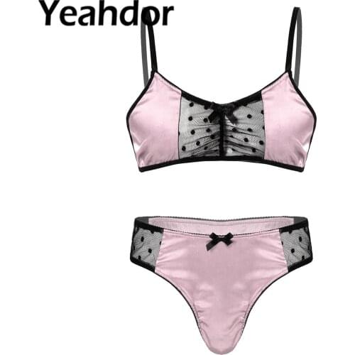 Men Sexy Lingerie Suit Sissy Nightwear Sheer Mesh Patchwork Adjustable Spaghetti Strap Bra Tops with Briefs Thongs Underwear