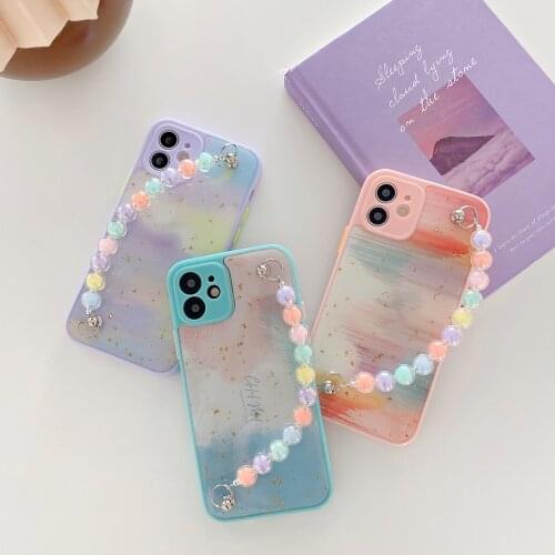 Epoxy Glitter Sequins Gradient Watercolor Wristband Hand Holder Case for iPhone 12 Mini 11 Pro XS Max Wrist Strap Chain Cover