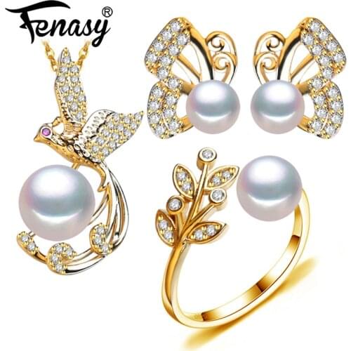 FENASY Natural Pearl Pendant Necklaces For Women Gold Color Bird Jewelry Sets Fashion Cute Butterfly Earrings Party Ring