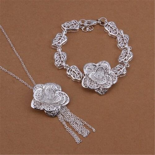 Fine charms beautiful flower 925 sterling Silver Pendant necklace bracelet Jewelry sets for women Fashion Party wedding gifts