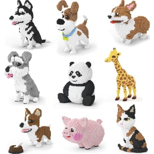 Animal Brick Pet Husky Schnauzer Welsh Corgi Jack Russell Dog Persian Cat Panda Giraffe DIY Mini Building Blocks Toy Collection