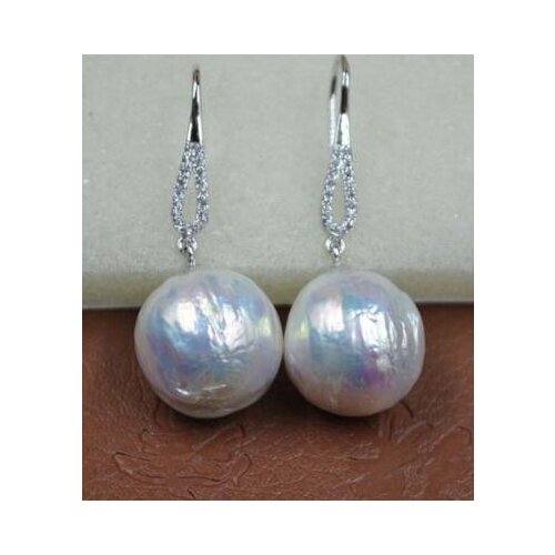 Baroque round rare white 12-13 mm kasumi pearl 3.5cm long dangle earring