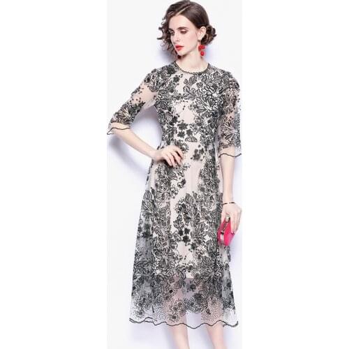 Menahem Summer Vintage Tulle Women Black Embroidered Flowers Round Collar Half Sleeves Thin Mesh A-Line Elegant Office Vestidos