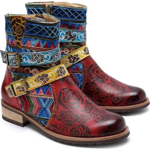 Fashion Boots Leather Small Flowers Pattern Stitching Zipper Flat Boots Flat Beautiful Comfortable Short Boots