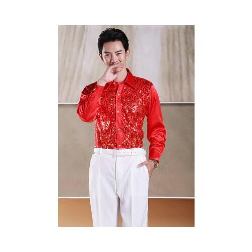 Mens glittering sequined shirt stage performance clothing dance gala hosted chorus Shirts Chorus performance uniform shirt