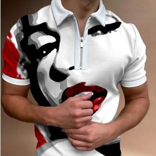 Retro Pattern Abstract Print Man Polo Shirt With Zipper Turn-down Collar Office T Shirt Men Spring Summer Short Sleeve Daily Top