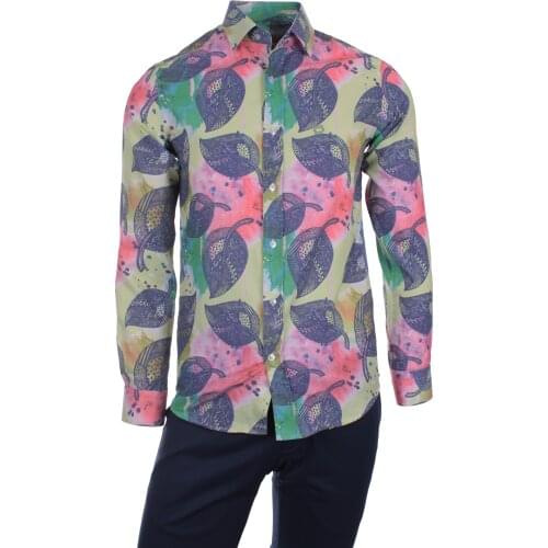 Gentilbay Mens Vintage 80th Digital Printed Blue Slimfit Long-Sleeve Sport Shirt DPD120