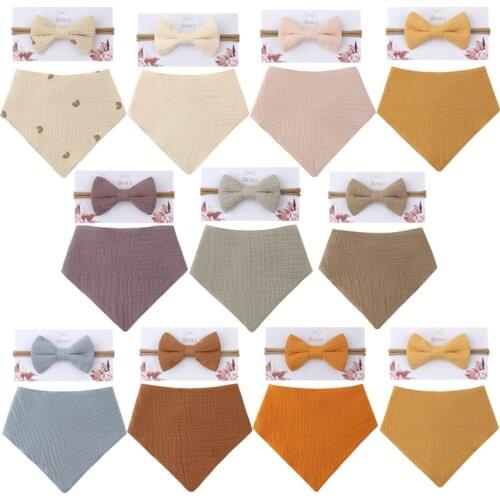 1Set Soft Cotton Solid Color Baby Bib Elastic Headband Set Princess Baby Girls Bowknot Hair Band Feeding Burp Cloth Saliva Towel
