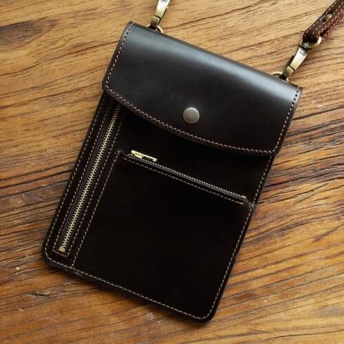 New Design Genuine Leather Handmade Mens Mobile Phone Bag Simple Retro Fashion Leather Large-Capacity Messenger Small Backpack