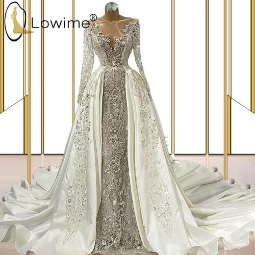 Luxury Muslim Long Sleeves Lace Wedding Dresses with Detachable Train Illusion O Neck Sheer Back Pearls Bridal Gowns Overskirts