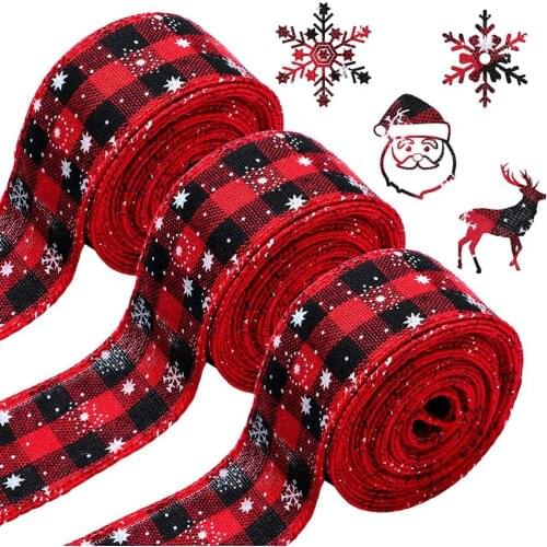 Christmas Red and Black Plaid Ribbon Printed Snowflake Tie Bow Ornaments Imitation Linen Plaid Ribbon Snowflake Ribbon
