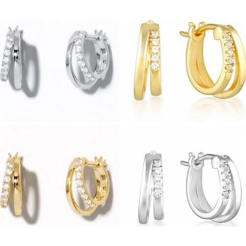 925 Silver Ear Buckle irregular Double Layer Hoop Earrings for Women Crystal CZ Huggie Earrings Fashion Female Daily Jewelry