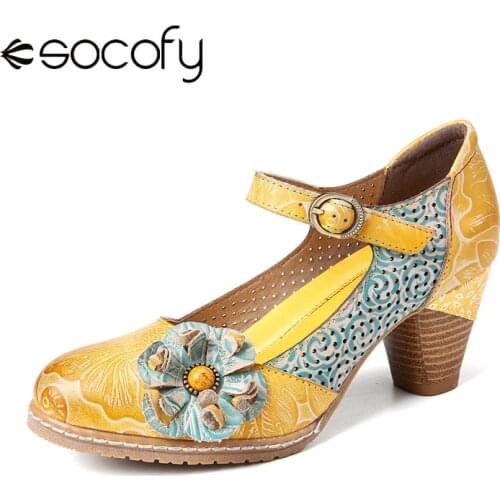 SOCOFY Floral Leather Buckle Ankle Strap Chunky Heel Pumps Mary Jane Dress Shoes Women High Heels Botas Mujer 2021