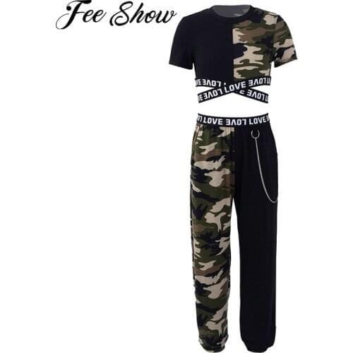2Pcs Kids Girls Sport Suit Tracksuits Short Sleeves Camouflage Print Crop T-shirt and Pants Set Dance Running Gym Workout Outfit