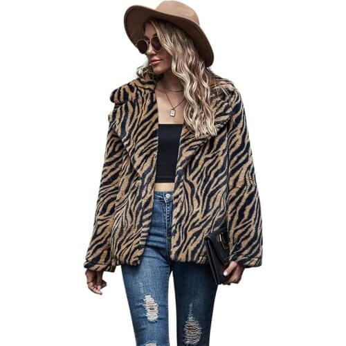 2020 Autumn and Winter New Leopard Print Imitation Fur Coat Fashion Lapel Long Sleeve Women Jacket Faux Fur Leopard Coat Female