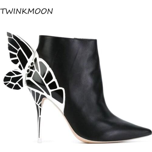 Butterfly Womens Boots Winter Shoes Ankle Boots High Heels Booties For Ladies Suede Black Metallic Wings On Your Foot botas