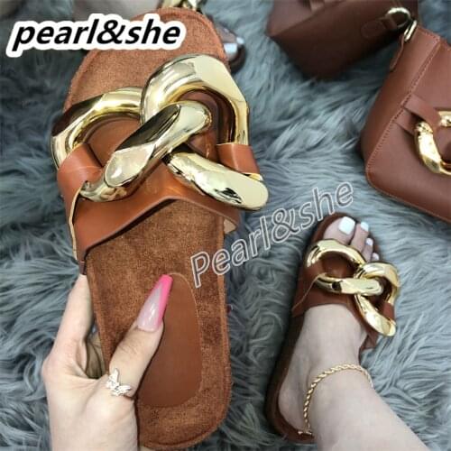 Womens Leather Flat Slippers Metallic Link Chains Slip On Summer Indoor and Outdoor Slide Sandals (B2 Black, medium)