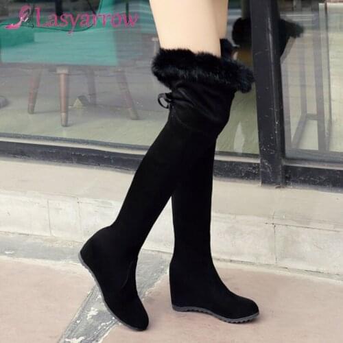 Lasyarrow 2020 New Design Large Size 43 Wedge High Heels Over The Knee Boots Woman Shoes Slip On Add Fur Warm Winter Boots