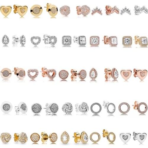 925 Sterling Silver Rose Golden Signature Radiant Teardrop Circular Forever Love Knot pandora Earrings For Women Jewelry Gift