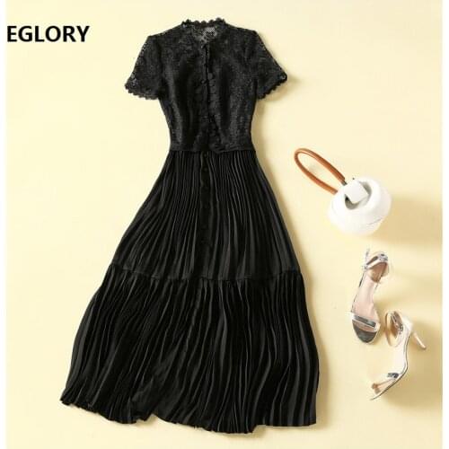 Black Elegant Long Dress 2021 Spring Celebrity Inspired Party Women Hollow Out Lace Embroidery Deco Short Sleeve Pleated Dress