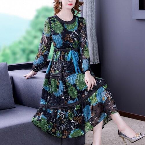 Spring Autumn Mulberry Silk Floral Midi Dress 2021 Elegant Casual Bodycon Vestidos Women Vintage Korean Boho Print Beach Dresses