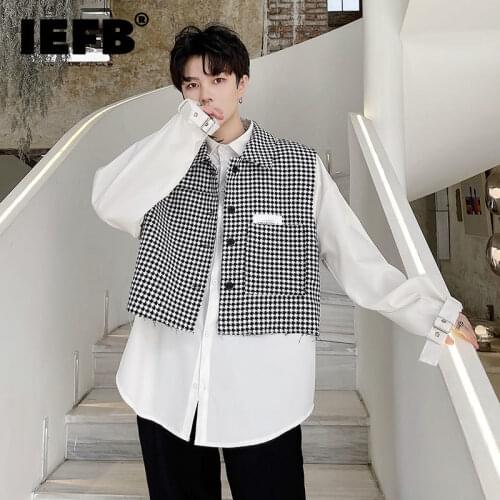 IEFB Mens Korean Loose Sleeveless Short Style Vest 2021 New Notched Collar Single Breasted Vintage Plaid Waistcoat Tide 9Y9286