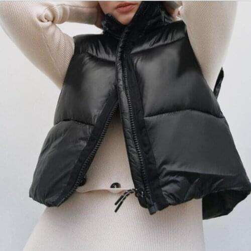 ZA New Style Black Short Waistcoat Women Zipper Pocket Loose Winter Vest Female Short Sleeveless Bodywarm Stand Collar Long Vest
