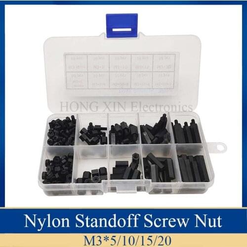 200pcs M3 Nylon Screw Black Hex Nylon Standoff Spacer Column Flat Head Nylon Plastic Spacing Screws Nuts
