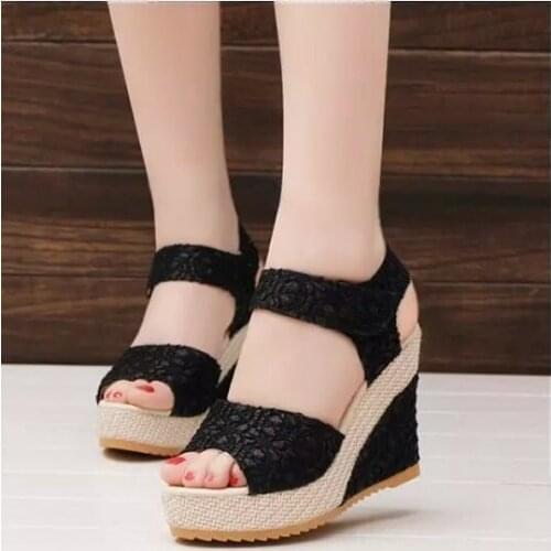 2019 Plus Size Bohemian Women Sandals Ankle Strap Straw Platform Wedges For Female Shoes Flock High Heels Cover Heel Sandal