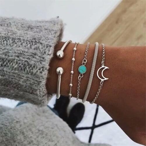 5PCS/Set Vintage Moon Stone Charm Bracelets & Bangles For Women Indian Jewelry Punk Chain Ethnic Bijoux Femme Accessories