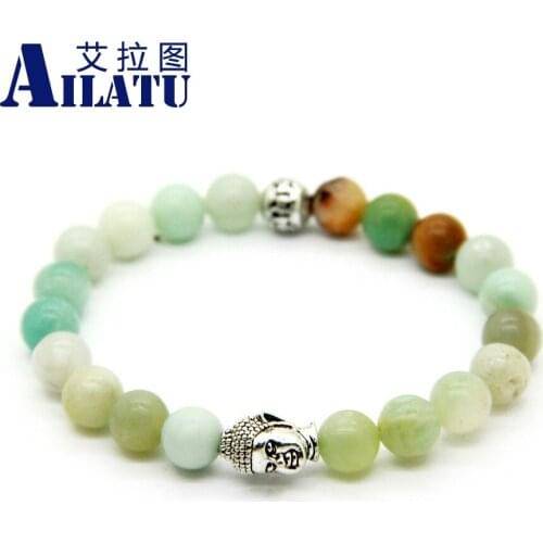 Ailatu Energy Natural Amazonite Stone with India Buddha Head Yoga Bracelet Hombre Bracciali Mens Elastic Bead Jewelry
