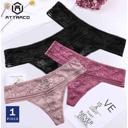 ATTRACO Underwear Panties Briefs 1 PCS Womens Thong Lace String Tanga Soft Cute Sexy Colorful Transparent Hollow-out