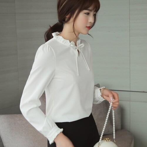Black Blouse Shirt Spring Autumn Shirt Women Clothing Long Sleeve Chiffon Shirt Korean Stand Neck Lace-up Solid Color white Top