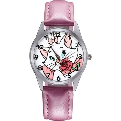 Cartoon pretty Cat Rose style Childrens Watches Womens Students girls Boys Quartz Leather strap Wrist Watch Clock JC105