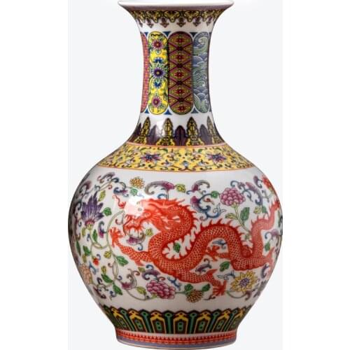 Jingdezhen Porcelain Ware Dragon Phoenix Vase Chinese Style Living Room Decoration Antique Shelf Powder Porcelain Vase Ornament