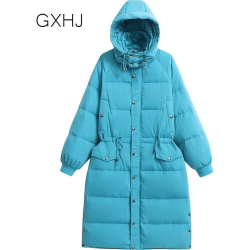GXHJ Womens long down jacket over the knee 90% White Duck Down Coat Female Hooded Warm cotton Jacket women parka LHJ400