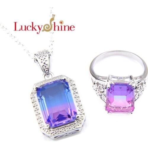 Luckyshine 2Pcs/Lot Trendy Rings Pendant Necklace Jewelry Sets Bi Colored Tourmaline Gems Holiday gift Sets