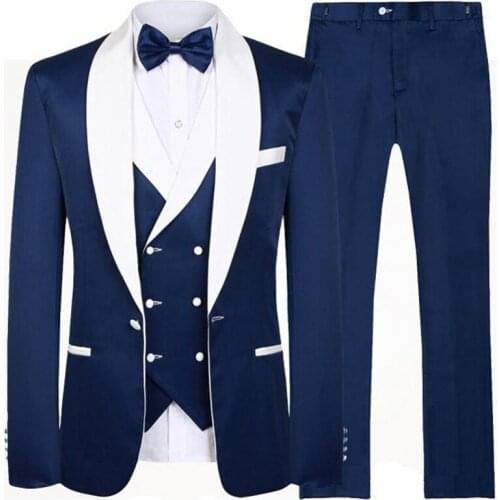 Mens Three-Piece Suit Double Breasted Shawl Lapel Navy Blue Slim Fit For Business Casual Suit Groom Best Man Wedding Banquet
