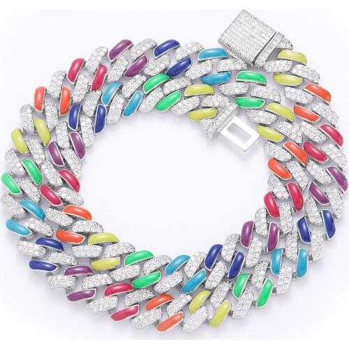 New 12MM Cuban Chain Necklace Hip Hop Colorful Cuban Chain Rainbow Zircon Trend Male and Female Hip Hop Accessories