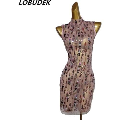 Summer Transparent Mesh Sequins Short Dress Women Sleeveless Slim Wrap Hip Birthday Prom Dresses Singer Nightclub Bar Stage Wear